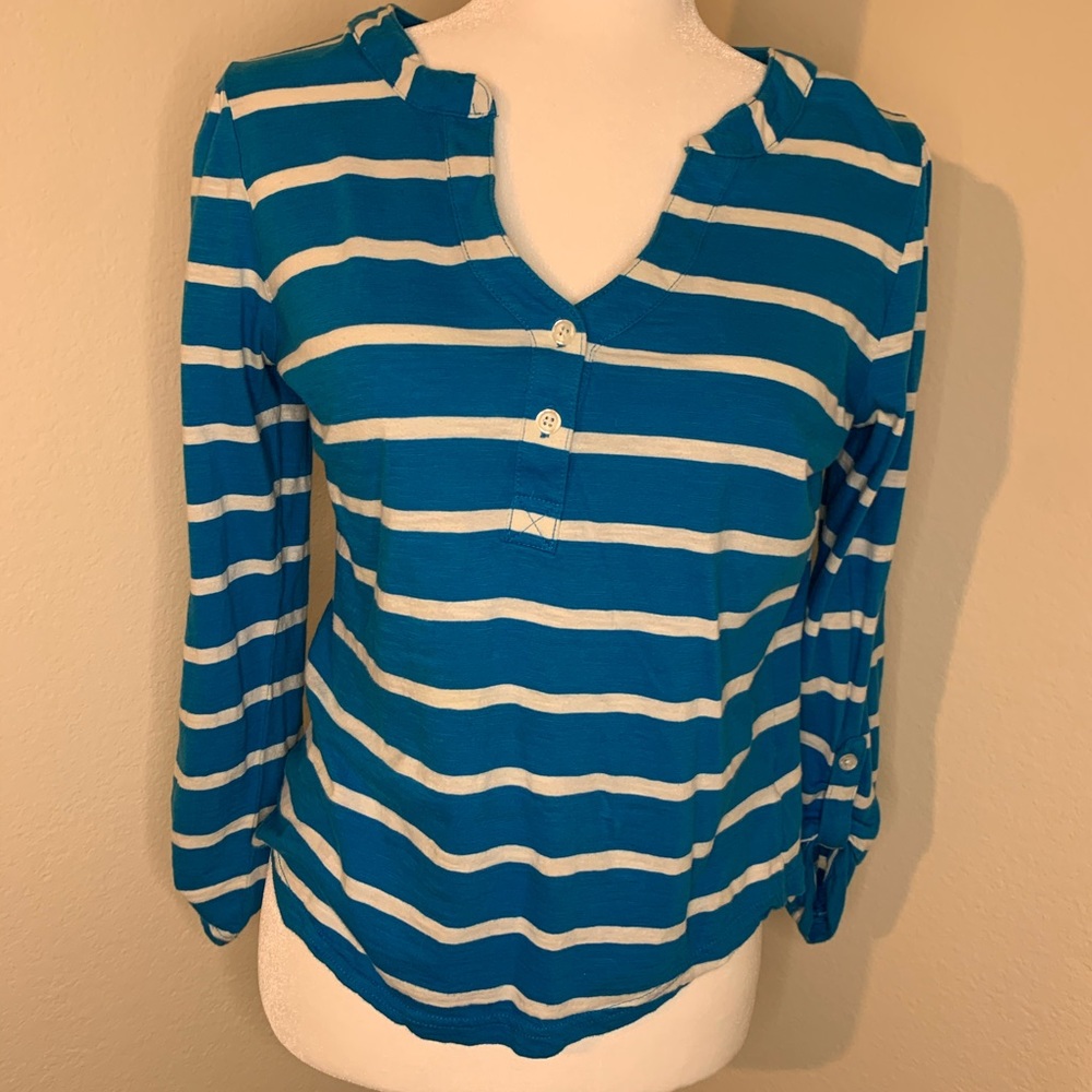 Caribbean Joes blue and white stripped shirt